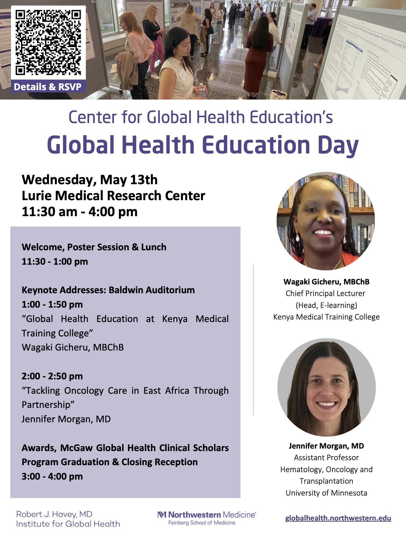 Global Health Education Day schedule and keynote speaker headshots