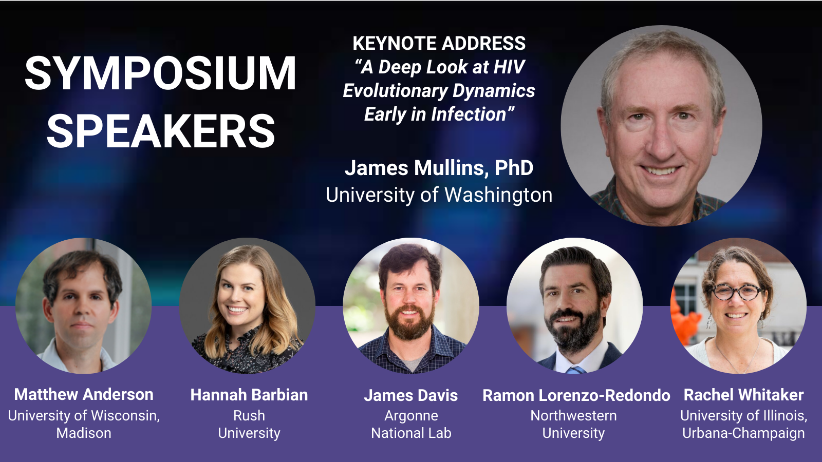 Headshots of Pathogen Genomics Symposium speakers, including keynote speaker James Mullins, PhD